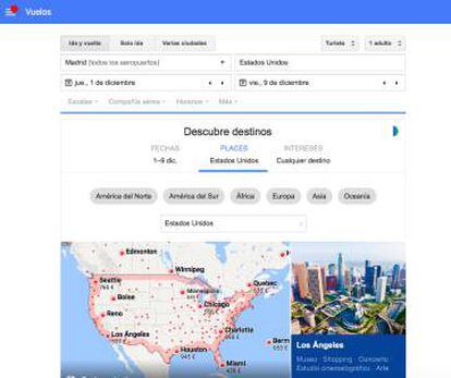 Captura de pantalla de Google Flights, la herramienta para comprar billetes de avión.