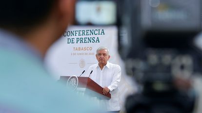 El presidente mexicano, Andrés Manuel López Obrador, en una rueda de prensa matutina en Villahermosa, Tabasco (México).