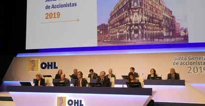 El presidente de OHL, Juan Villar-Mir de Fuentes, durante su intervención en la última junta de accionistas.