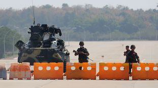 Myanmar's military checkpoint is seen on the way to the congress compound in Naypyitaw, Myanmar, February 1, 2021. REUTERS/Stringer NO RESALES NO ARCHIVES