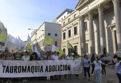 Los manifestantes, este sábado, frente al Congreso de los Diputados de Madrid.