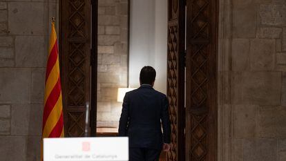 El president de la Generalitat, Pere Aragonès, tras comparecer ante los medios, este miércoles en el Palau de la Generalitat, en Barcelona.