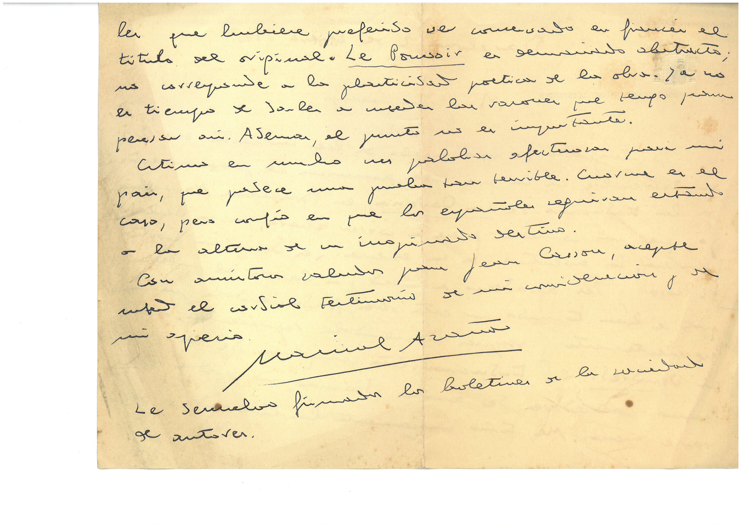 Fragmento de una carta inédita de Azaña de enero de 1937 a su traductor Jean Camp. En ella, le agradece su interés por la situación de España, en plena guerra civil.