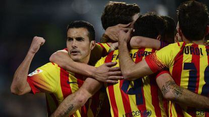 Pedro celebra el quinto gol del Barça.