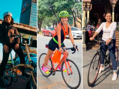 Mujeres en bici funcionaria de la Semovi Fernanda Rivera, la reportera Patricia Calderón y la cofundadora de la organización de movilidad sustentable Céntrico, Alejandra Leal.