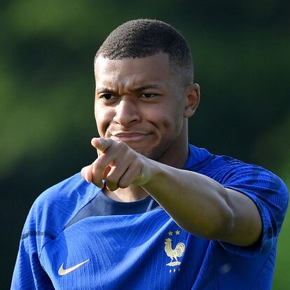 France's forward Kylian Mbappe gestures during a training session ahead of the upcoming UEFA Euro 2024 football tournament qualifying matches in Clairefontaine-en-Yvelines, on June 12, 2023. France will play against Gibraltar on June 16, 2023 and against Greece on June 19, 2023 in their UEFA Euro 2024 Group B Qualification matches. (Photo by FRANCK FIFE / AFP)