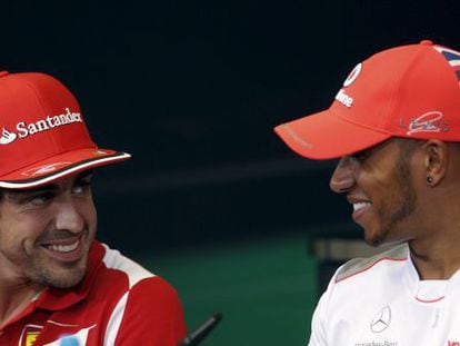 Alonso y Hamilton en la rueda de prensa