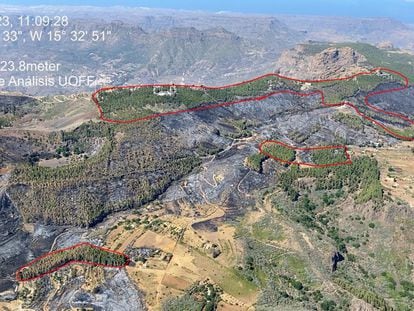 Imagen aérea de la zona afectada por el incendio de Tejeda en Gran Canaria. Dentro de las líneas rojas, pinares tratados de forma previa con quemas prescritas.