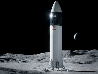 Recreación de una nave Starship, desarrollada por Space X para llevar astronautas de la NASA a la luna.