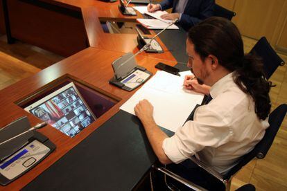 Pablo Iglesias, el 20 de marzo en una reunión telemática con las comunidades autónomas. 