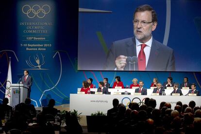 El presidente del Gobierno, Mariano Rajoy, durante su intervenci&oacute;n en la presentaci&oacute;n de la candidatura de Madrid 2020