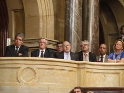 Francesc Homs, Xavier Trias y Jordi Pujol, durante el discurso de Artur Mas.