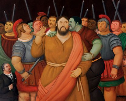 En la esquina izquierda de este cuadro, abajo, aparece un autorretrato de Fernando Botero con un gesto de gran interés por el beso traidor de Judas a Jesús.