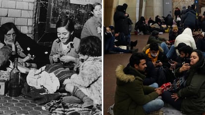 A la derecha, una familia se refugia en el metro de Madrid durante la Guerra Civil. A la izquierda, ucranianos se ponen a salvo en el suburbano de Kiev.