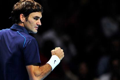 Federer celebra su victoria ante Nadal.