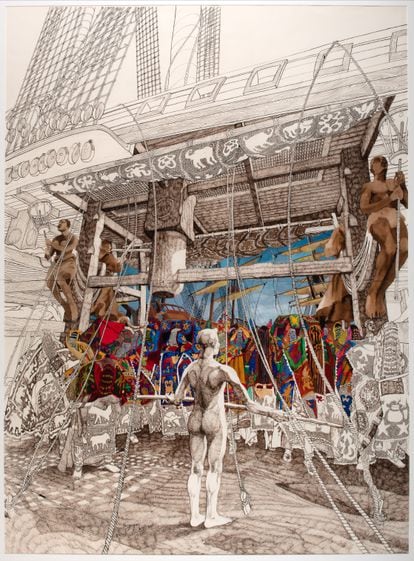 Una de las obras de una "Serie sobre el retorno de los fantasmas de los prisioneros esclavizados": 'Gates of Return II', de Julian Sinzogan, expuesta en el Museo de los Trópicos.