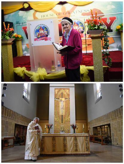 La ministra bautista Barbara Tickner en la Iglesia Bautista de Pentecostés en Kensington, Liverpool (arriba) el 19 de mayo de 2017 y el Padre Freddie Jackson, en la Iglesia Católica Romana de Nuestra Señora de las Victorias en Kensington, Londres, el 20 de mayo de 2017.