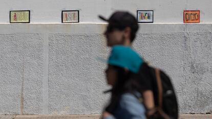 Dos jóvenes pasan por delante del IES Columela, en Cádiz, con carteles con expresiones típicas gaditanas.