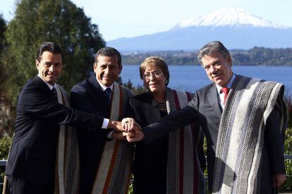  Los presidentes de M&eacute;xico, Enrique Pe&ntilde;a Nieto, de Per&uacute;, Ollanta Humala; de Chile, Michelle Bachelet; y de Colombia, Juan Manuel Santos.