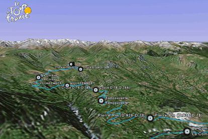 La imagen vía satélite del recorrido de la carrera ciclista incluye información sobre los puntos intermedios de cada etapa.