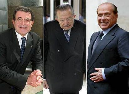 Desde la izquierda: Romano Prodi, presidente del Gobierno, 67 años; Giulio Andreotti, senador vitalicio, 88, y Silvio Berlusconi, líder de la oposición, 70.
/ TEJEDERAS