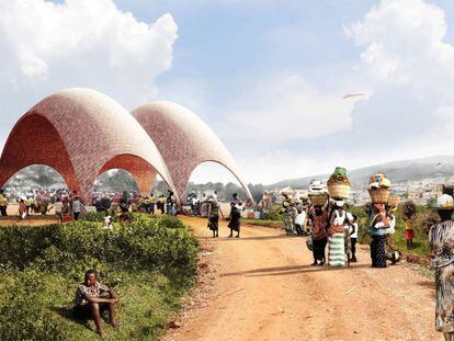 Recreaci&oacute;n de la c&uacute;pula tabicada que Foster ha ideado para el aeropuerto de drones en Ruanda, siguiendo el modelo de Guastavino.