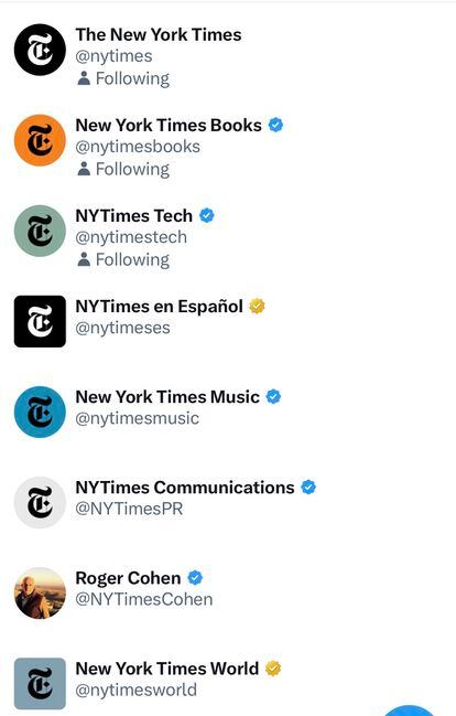 Variantes de la verificación entre la cuenta principal del NYTimes (que no tiene) y el resto. La señal dorada es para "organizaciones".