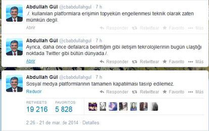 Tuits del presidente turco en los que rechaza el bloqueo de Twitter. 