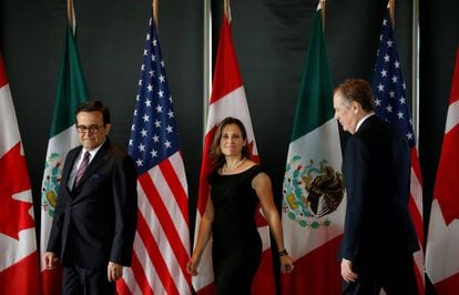 Los ministros de M&eacute;xico, Canad&aacute; y EE UU a cargo de la negociaci&oacute;n, en el &uacute;ltimo encuentro tripartito.