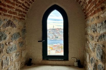 The views of the Golden Horn from one of the windows of the Galata Tower, in Istanbul (Turkey).