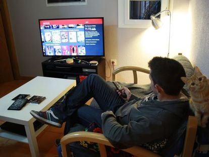 Un joven ve la televisión en el salón de su casa.