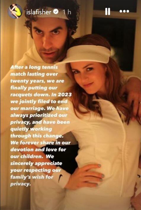 La imagen con la que Isla Fisher y Sacha Baron Cohen han anunciado su divorcio en Instagram, el 5 de abril de 2024.