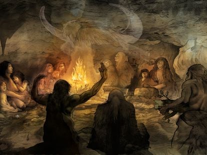 Ilustración que representa un posible ritual neandertal, proporcionada por el Museo de la Evolución Humana.