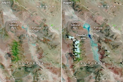 Imágenes por satélite difundidas por la NASA donde se aprecian las inundaciones en el Valle de la Muerte (California).