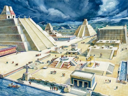 Representación del antiguo Templo Mayor en Ciudad de México, en una ilustración de 1900.