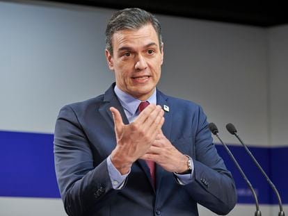 El presidente del Gobierno, Pedro Sánchez, durante la rueda de prensa que ofreció el viernes tras la reunión del Consejo Europeo en Bruselas.