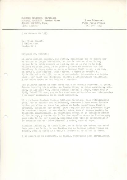 Carta de Mario Muchnik a Elías Canetti, del 9 de febrero 1973.