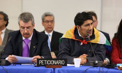 Carlos P&eacute;rez Guartambel, a la derecha, durante una audiencia en la CIDH. 