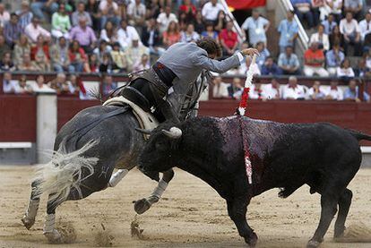 El rejoneador navarro Hermoso de Mendoza coloca un par de banderillas al primer toro de su lote durante la corrida de rejones celebrada en Las Ventas.