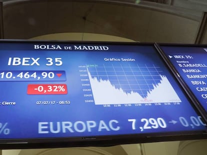 Pantalla con la actividad del Ibex 35 en la sede de la Bolsa de Madrid.