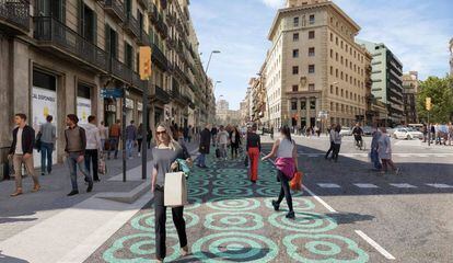 Imatge virtual de la reforma amb urbanisme tàctic al carfrer de Pelai per eixamplar les voreres.