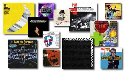De izquierda a derecha y de arriba abajo, portadas de los discos de tributo a The Velvet Underground, Bee Gees, Joaquín Sabina, Leonard Cohen, The Police, Ray Davies & The Kinks, Elton John & Bernie Taupin, Cole Porter, Motorhead, 091,Metallica y Elvis Costello.