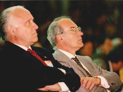 Xabier Arzalluz (izquierda) y Jos&eacute; Antonio Ardanza, en el acto del Aberri Eguna de 1995. 