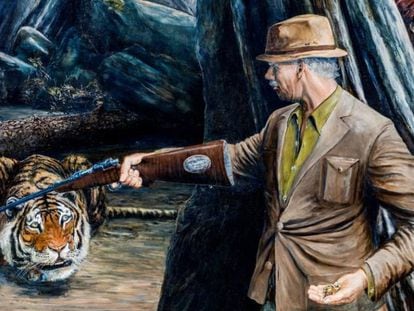 Jim Corbett se enfrenta a la tigresa devoradora de hombres de Champawat, en una pintura de David Southgate.