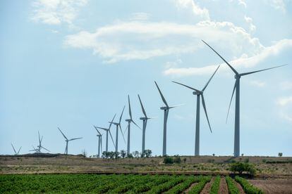 Un grupo de turbinas de la planta de energía eólica de Raposeras, en Pradejón, Logroño.