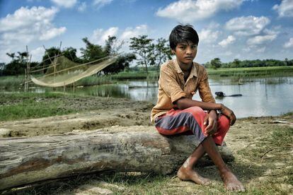 Roja, sentado junto a los campos de arroz que hay cerca de su aldea Kora Harbans y que todavía están inundados por las últimas lluvias del monzón.