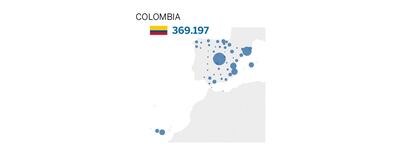 La comunidad colombiana tiene sus mayores concentraciones en Madrid (85.000), Barcelona (46.000), Valencia y Alicante (ambas con 22.000).