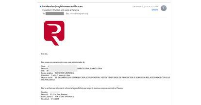 Mensaje falso del Registro Mercantil de Barcelona que presuntamente alojaba el virus Pegasus.
