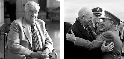 El general estadounidense Vernon Walters. A la izquierda, en Santander en el verano de 2000. A la derecha, en 1959 en la base aérea de Torrejón, detrás del presidente de EEUU Dwight D. Eisenhower y Franco.