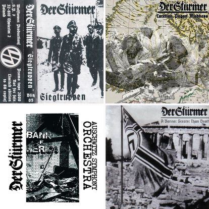 Portadas de cuatro discos de la banda griega Der Stürmer, con visible simbología neonazi. 
